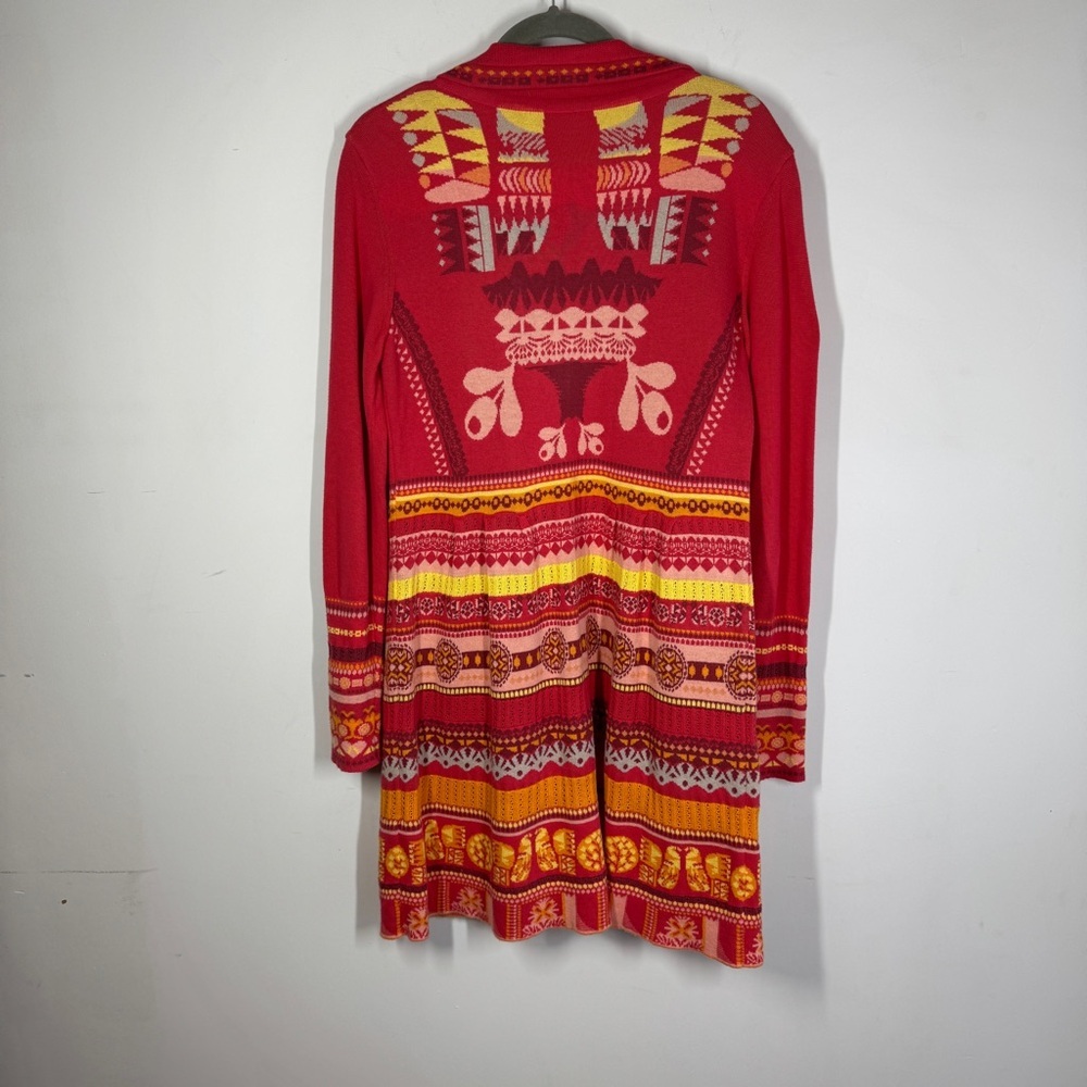 KOOI Knit Vibrant Red Orange Patterned Cardigan Nordic Fair Isle Zip Cotton - Picture 12 of 16